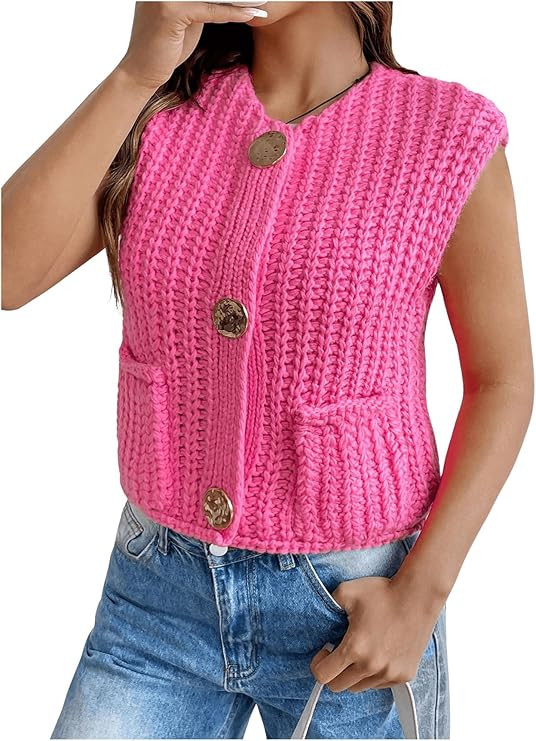 GORGLITTER Women's Sweater Vest Button Down Crochet Knit Cropped Vest Tops with Pockets | Amazon (US)