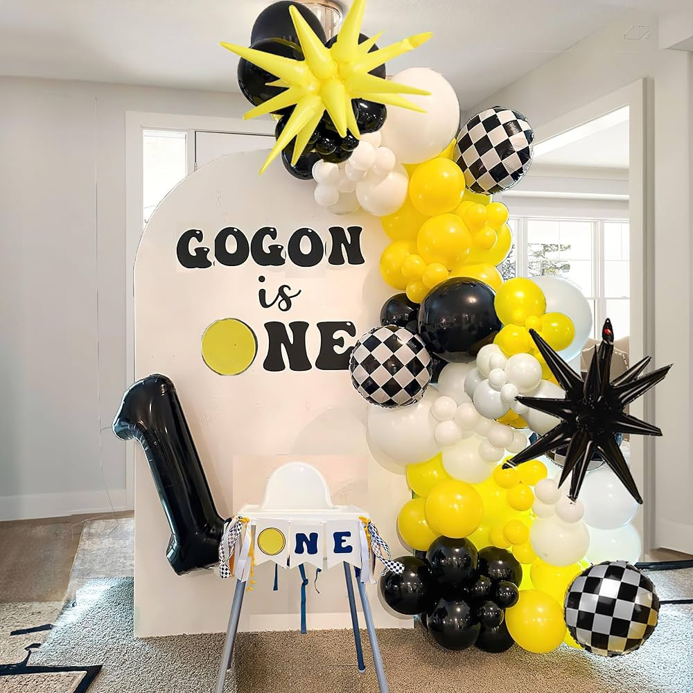 One Happy Dude Balloon Arch Garland Kit, 126Pcs 18" 12" 10" 5" Yellow Black Balloons with Checker... | Amazon (US)