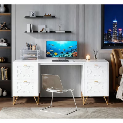 Gulches 59" White Wood Executive Computer Desk with File Drawers, Home Office Document Storage Desk | Target