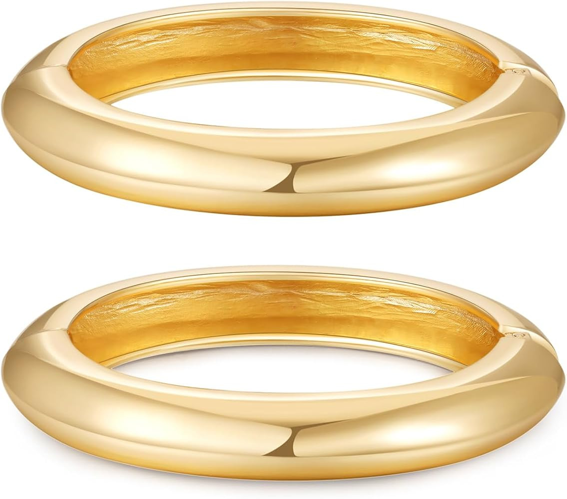 2pcs Gold Bangle Bracelets for Women, Trendy Hinged Cuff Open Wide Chunky Gold Bracelet Stack Arm... | Amazon (US)