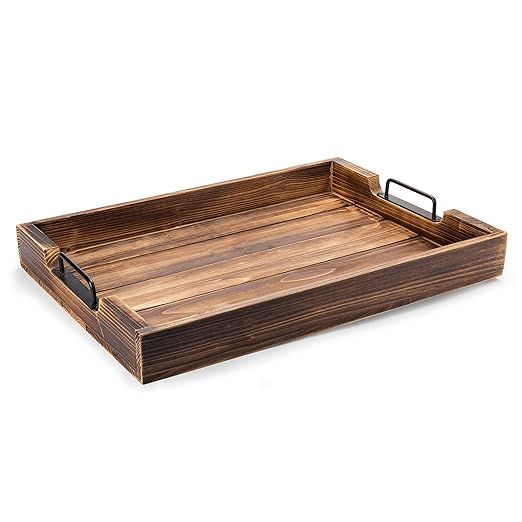 Rustic Torched Wood 20-Inch Serving Tray with Modern Black Metal Handles | Amazon (US)