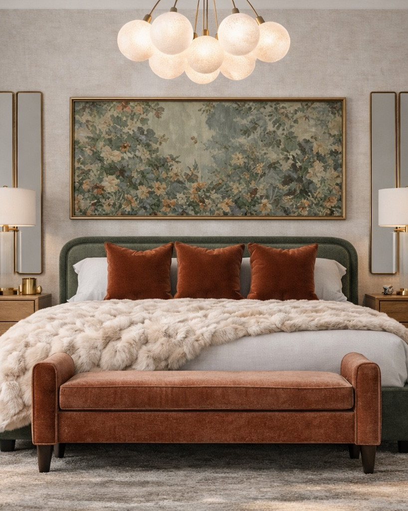 Client reveal 🤍

I designed this primary bedroom for my client to feel warm, calming, and elevated without feeling overdone. I layered earthy tones, soft textures, and warm lighting to create that cozy, hotel like comfort at home.

The olive bed grounds the space, rust accents add warmth, and the brass lighting brings in just enough elegance. I also added a functional vanity and wardrobe area so the room isn’t just pretty, it works for everyday living too.

I linked the pieces (or very similar options) so you can recreate the look.

#ltkhome #havenlydesigner #clientreveal #primarybedroom #bedroomdesign #interiordesign #cozyhome

#LTKHome