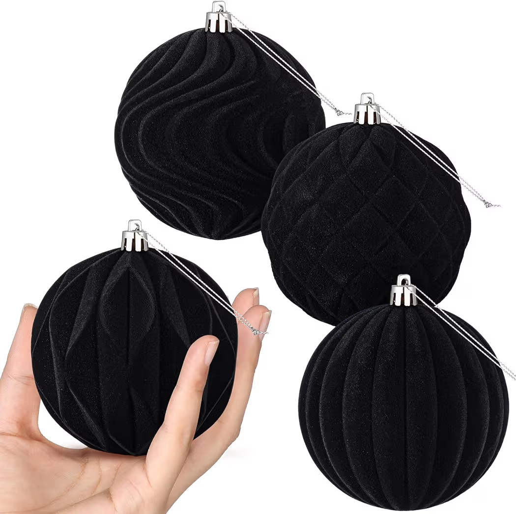 4 Pcs 4 Inch Black Large Velvet Christmas Ball Ornaments Vintage Christmas Plastic Ball Ornaments... | Amazon (US)