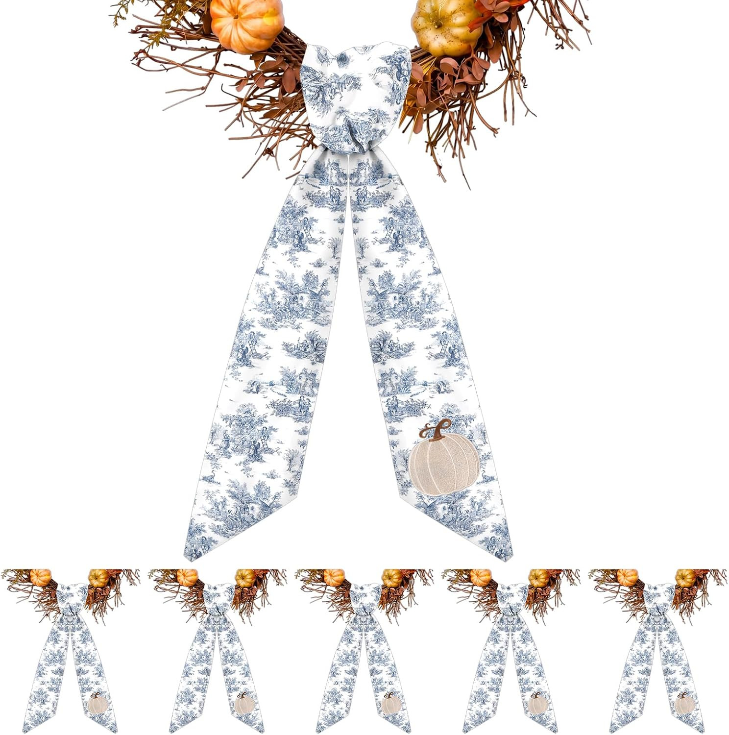 XunYee 6 Pcs Fall Wreath Sash for Front Door, Embroidered White Pumpkin | Amazon (US)