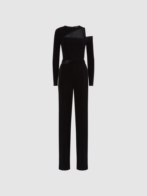 Reiss Black Adele Petite Velvet Off-The-Shoulder Jumpsuit | Reiss US