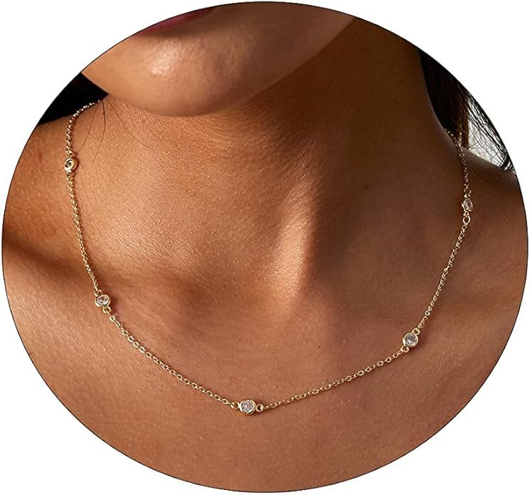 LEXODY Diamond Necklaces for Women Dainty Leaf Necklace 14k Gold Plated Layered CZ Moon Necklace ... | Amazon (US)