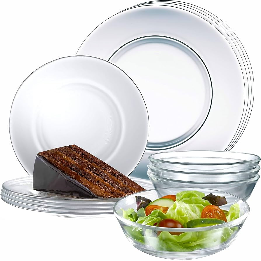 12pc Glass Dinnerware Set - Sleek Round Clear Glass Plate and Bowl Sets - Dishwasher Safe, Bread ... | Amazon (US)