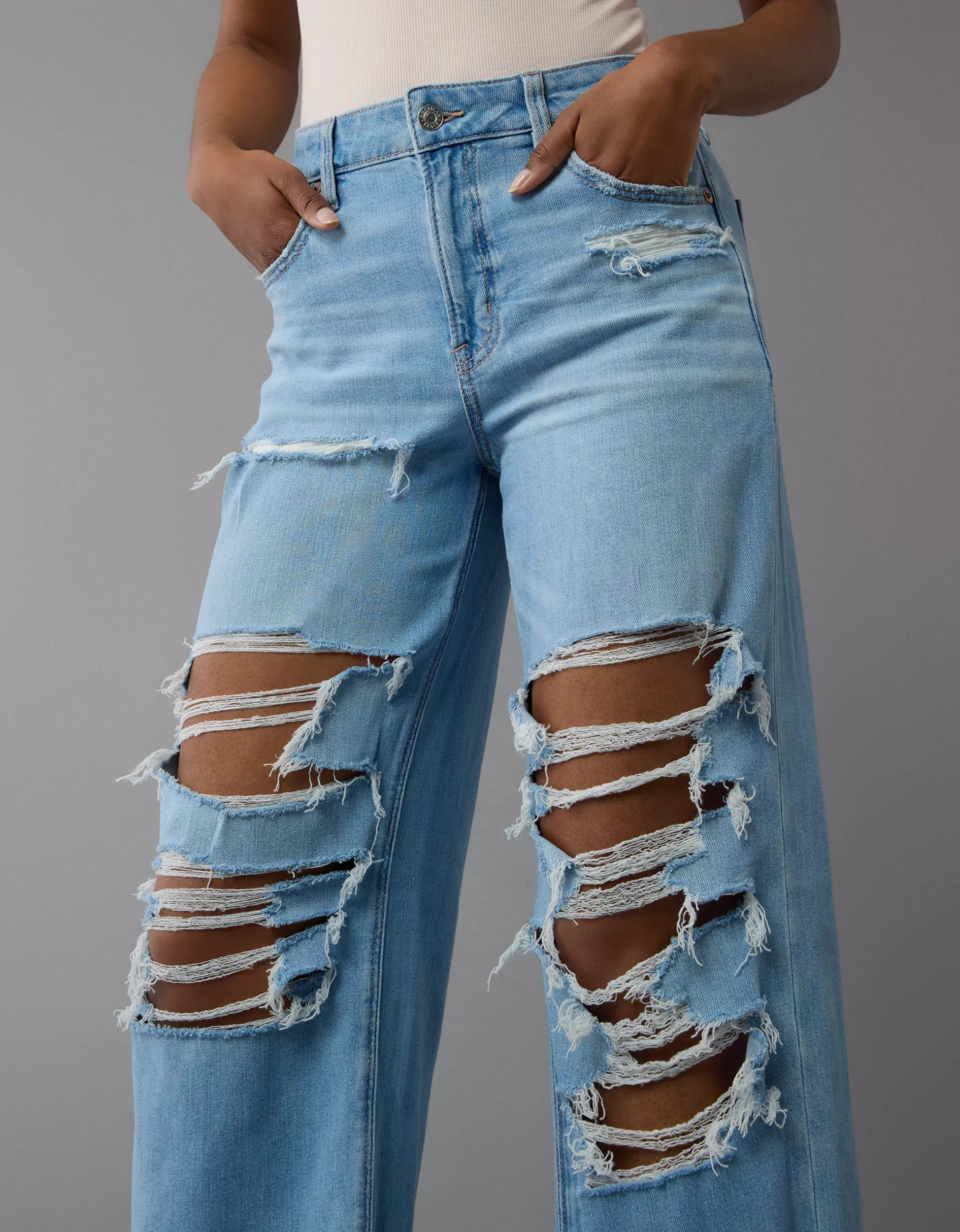 AE Dreamy Drape Stretch Super High-Waisted Baggy Wide-Leg Ripped Jean | American Eagle Outfitters (US & CA)