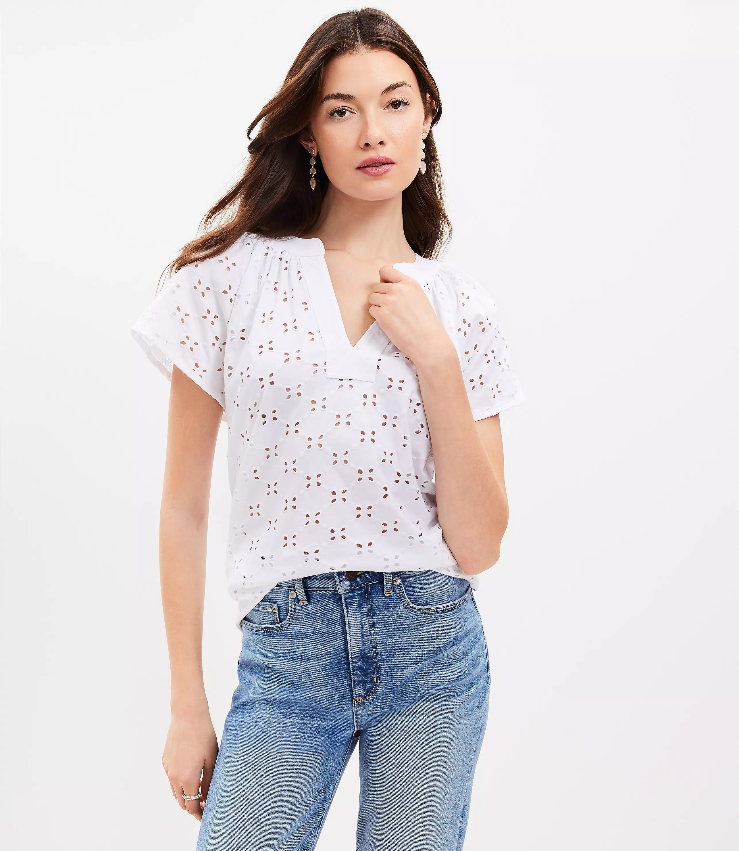 Eyelet Split Neck Top | LOFT