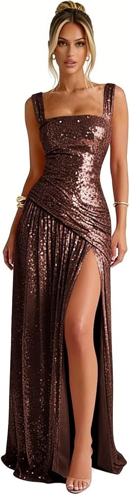 Sparkly Sequin Prom Dresses Long A Line Corset Formal Evening Gown with Slit | Amazon (US)