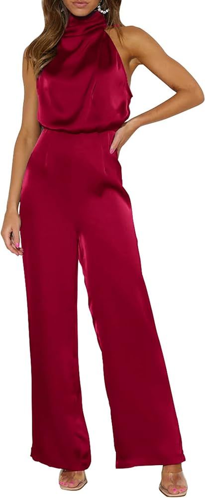 PRETTYGARDEN Women's Satin Jumpsuits 2023 Summer One Piece Outfits Mock Neck Sleeveless Wide Leg ... | Amazon (US)