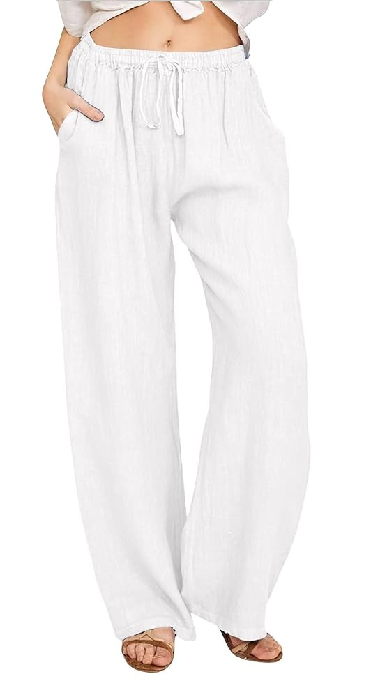CHARTOU Women's Summer Drawstring Waist Wide Leg Loose Cotton Linen Palazzo Pants | Amazon (US)