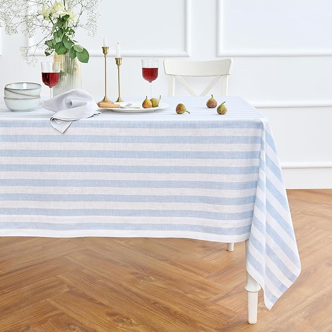 Solino Home Striped Tablecloth 60 x 108 Inch - 100% Pure Linen Blue and White Table Cloth for Rec... | Amazon (US)