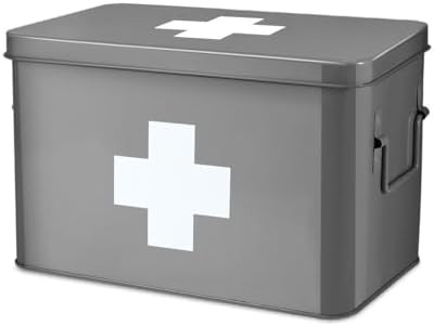 Flexzion Vintage First Aid Kit - 13" Gray Metal Box with Dividers, Removable Tray and White Cross... | Amazon (US)
