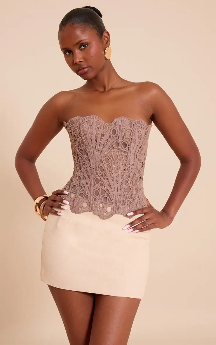 Mushroom Textured Sheer Floral Lace Corset | PrettyLittleThing US