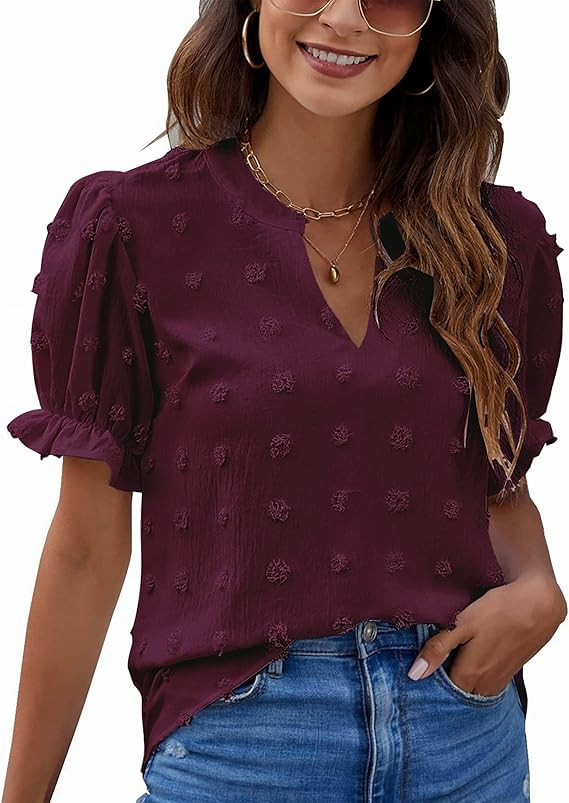 Blooming Jelly Womens Puff Sleeve Summer Tops Chiffon Short Sleeve Blouses White V Neck Pom Pom S... | Amazon (US)