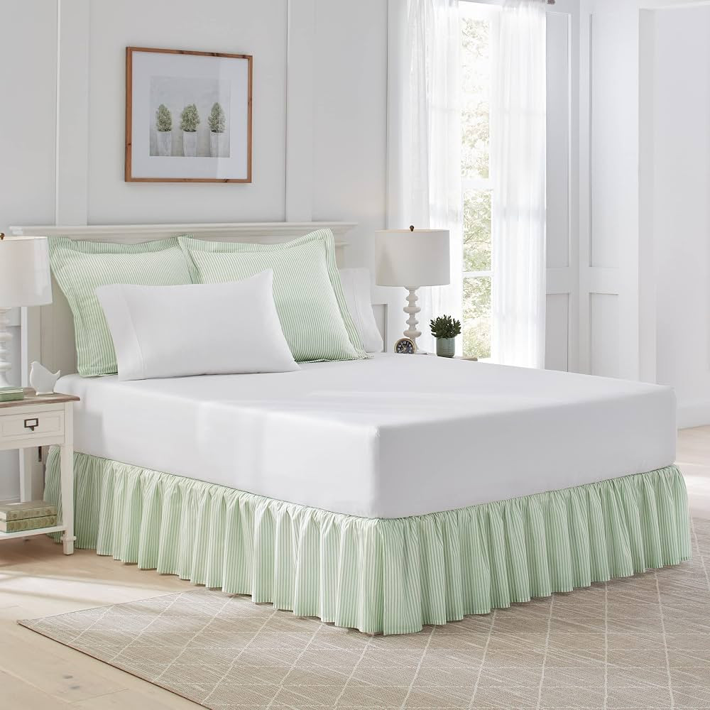 Laura Ashley Home - Cotton Ruffled Bedskirt, Lightweight & Classic Style (Ticking Stripe Green, Q... | Amazon (US)