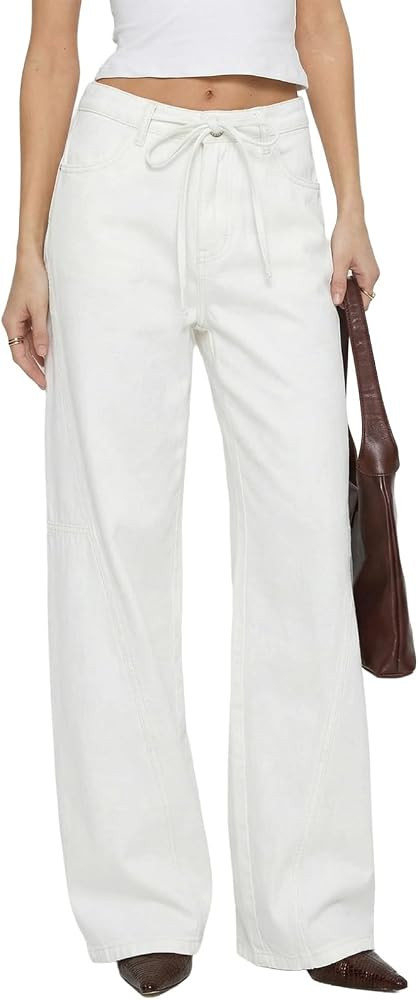 Sidefeel Women's Wide Leg Jeans Mid Waisted Stretchy Drawstring Button Down Denim Pants | Amazon (US)