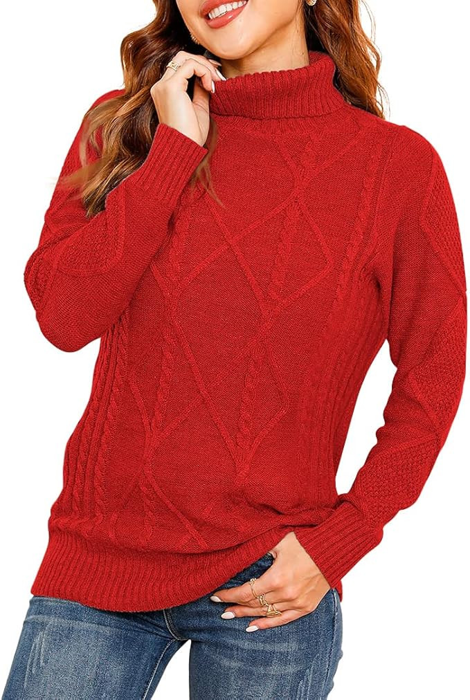 HWOKEFEIYU Women's Turtleneck Long Sleeve Cable Knit Pullover Sweater | Amazon (US)