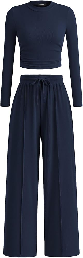PRETTYGARDEN Women's 2 Piece Loungewear Long Sleeve Crop Top Wide Leg Palazzo Pants Set Tracksuit... | Amazon (US)