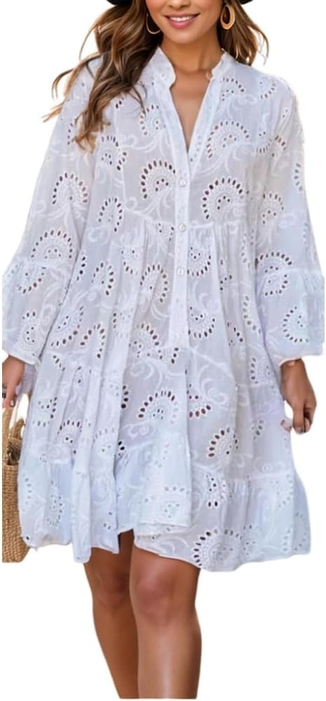 Women's Summer Lace Eyelet Midi Dress Casual Loose 3/4 Flared Sleeve V-Neck Button Down Flowy Vac... | Amazon (US)