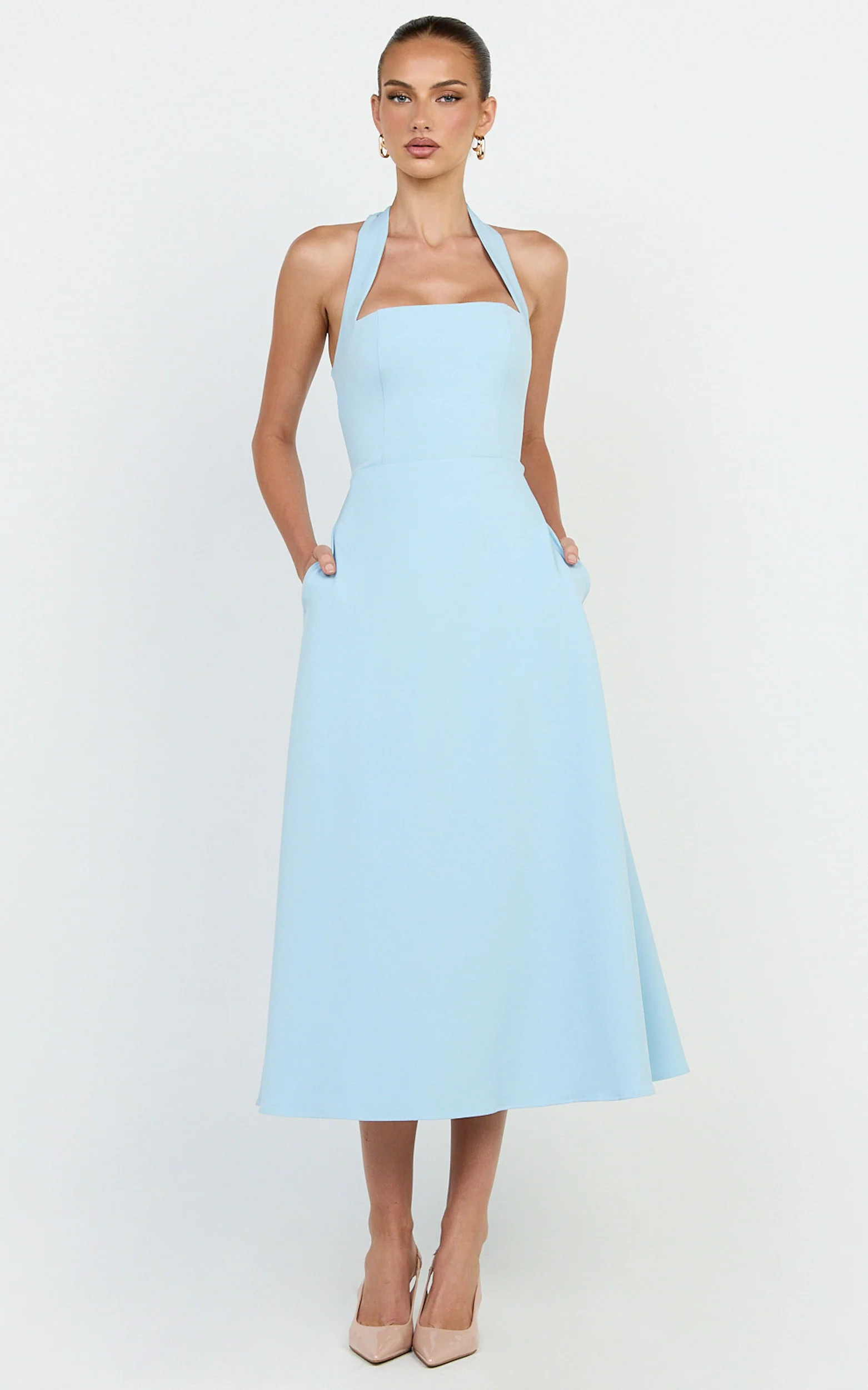 Karissa Midi Dress - Halter Neck Fitted Bodice Midi Soft A Line Skirt Dress in Pale Blue | Showpo (US, UK & Europe)