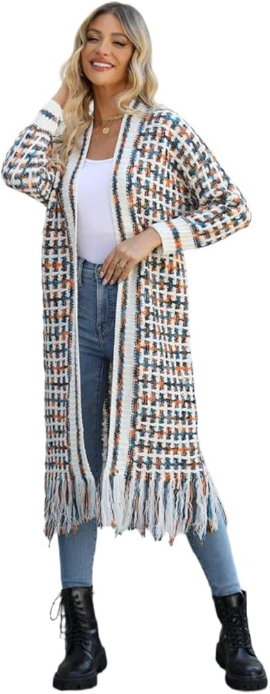 Women Multicolored Open Front Fringe Hem Cardigan | Amazon (US)