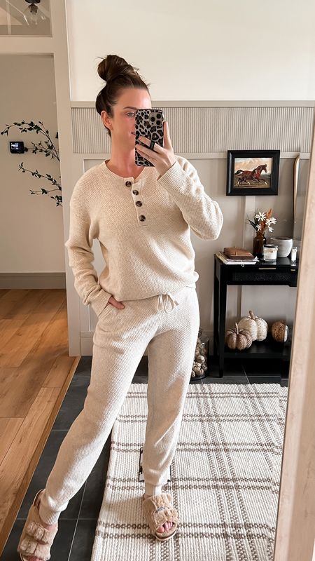 SOFTEST warmest yet lightweight loungewear. Wearing a Medium in both. Could have gotten a small in the top but it’s comfy this way! Great gift idea! 

#LTKHoliday #LTKunder50 #LTKstyletip