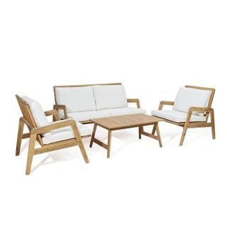 4-Piece Wood Outdoor Dining Set with White Cushions | The Home Depot