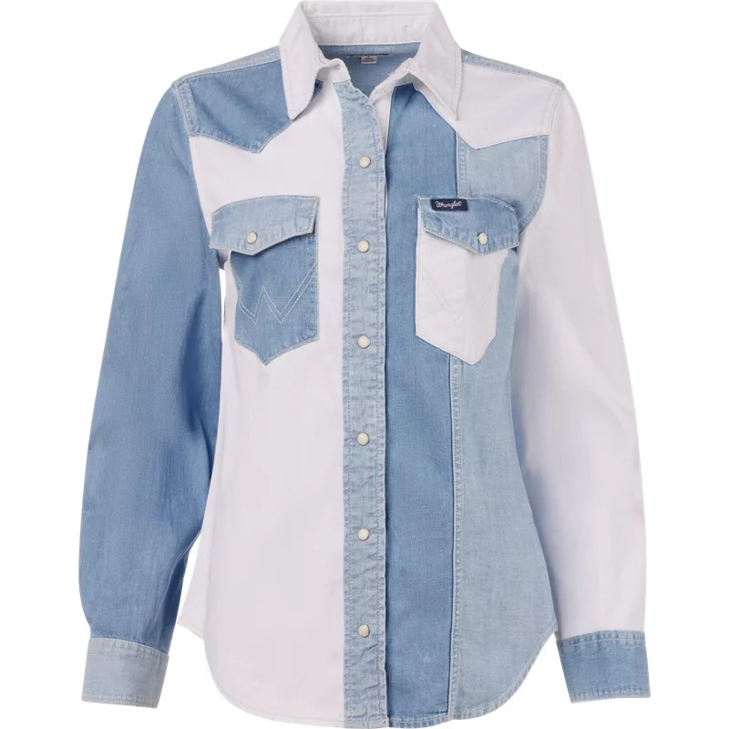 Wrangler Women's Boyfriend Snap Denim Colorblock Long Sleeve Button-Up Shirt | Academy Sports + Outdoors