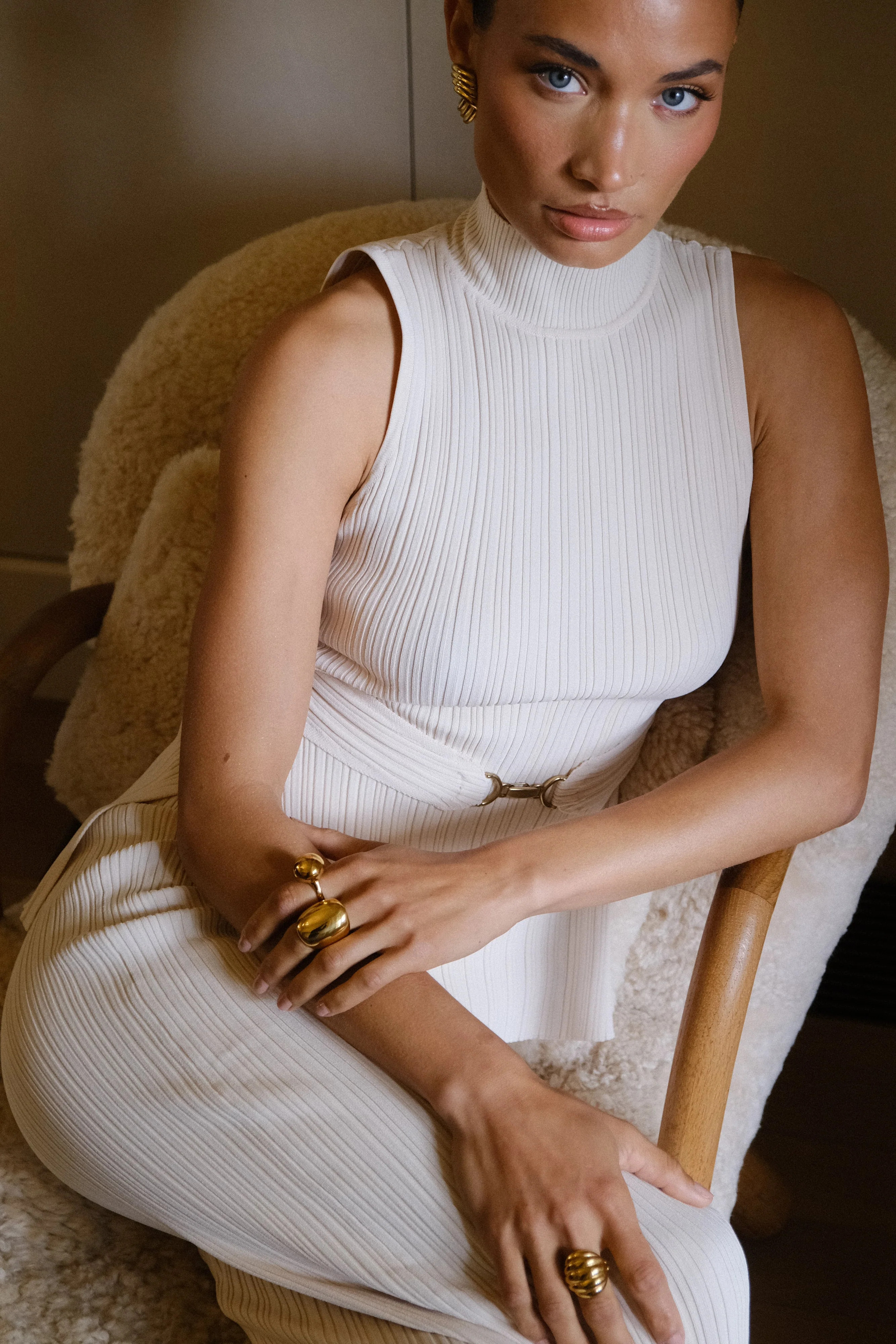 Tanya Cut Out High Neck Top - Cream | MESHKI US