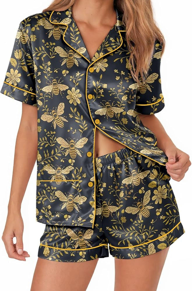 Womens Soft Silky Satin Pajamas Set, Button Down Cooling 2 Pcs Sleep Short Pajamas for Mom | Amazon (US)
