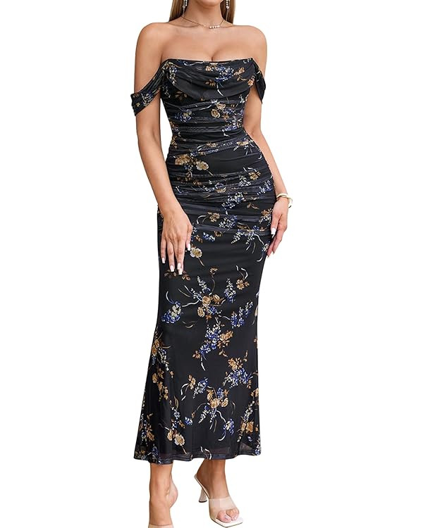 KUTUMAI Off The Shoulder Maxi Long Dress Corset Ruched Bodycon Formal Wedding Guest Dresses for W... | Amazon (US)