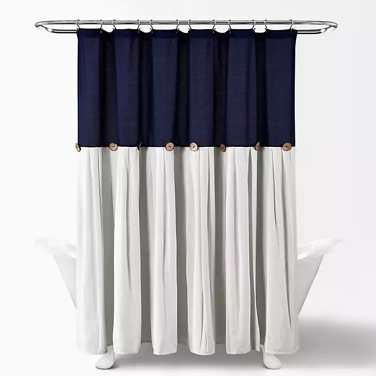 Navy and White Button Accent Linen Shower Curtain | Kirkland's Home