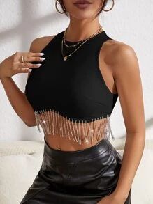 SHEIN BAE Rhinestone Fringe Zip Back Tank Top SKU: sw2202166094088000(1000+ Reviews)$10.99$13.00-... | SHEIN