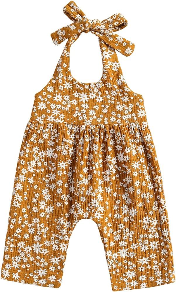 Baby Girls Daisy Playsuits Bodysuit+Headband Print Halter Romper Floral Jumpsuit Infant Summer Cloth | Amazon (US)