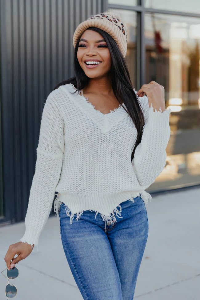 Commitment To Cool White Distressed Sweater | The Pink Lily Boutique