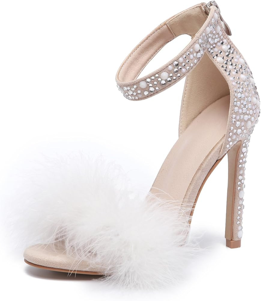 azmodo Women's Wedding Dress Party & Evening Stiletto Heel Pearl Fur Sandals | Amazon (US)
