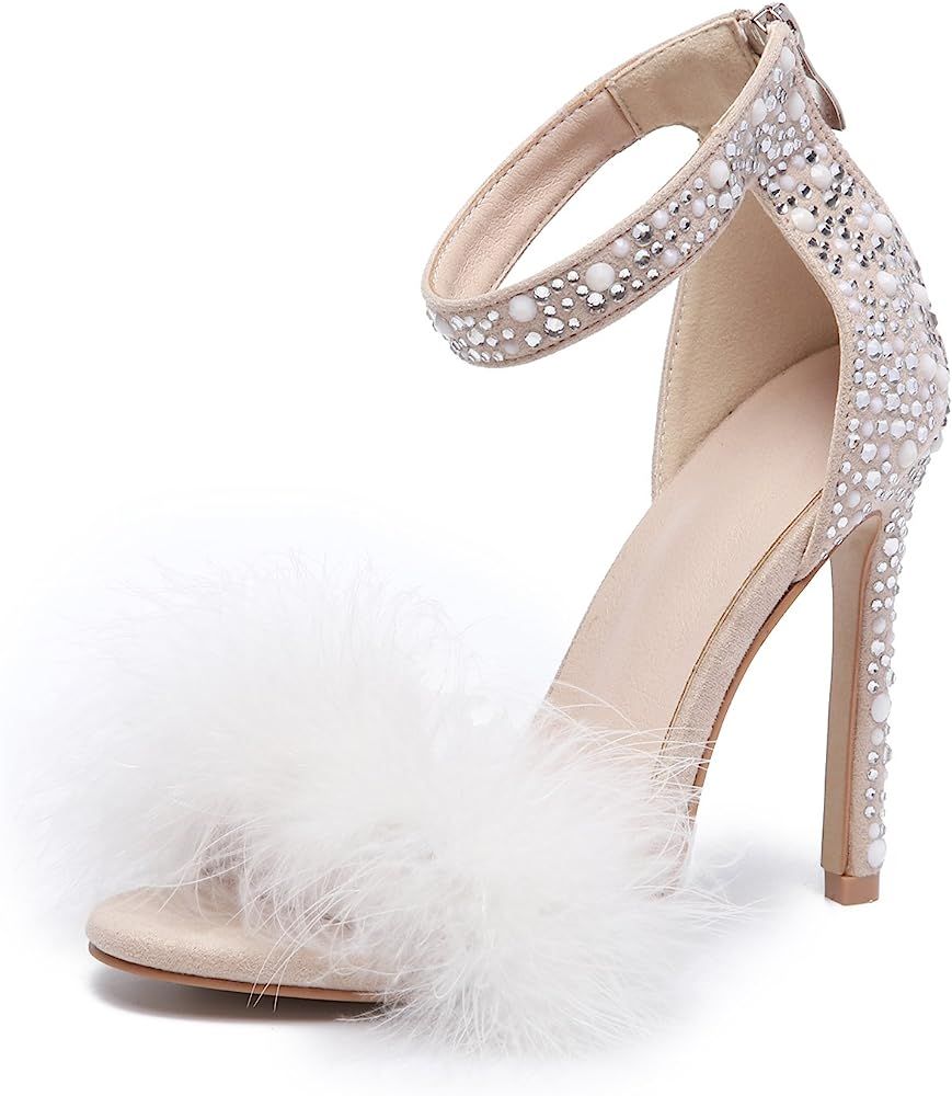 Amazon.com | Women's Rhinestone Wedding Dress Party & Evening Stiletto Heel Feather White Pearl F... | Amazon (US)