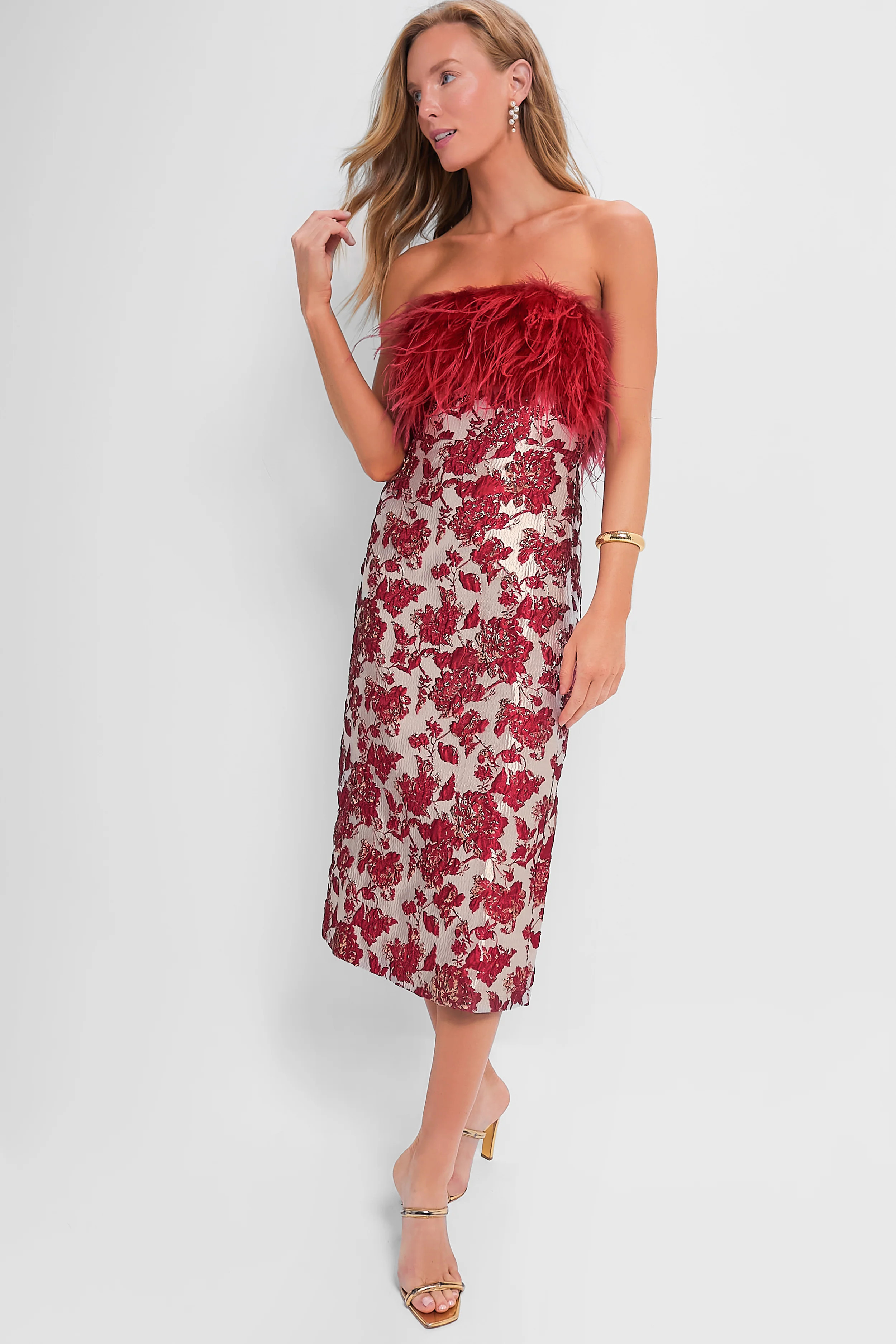 Red Jacquard Feathered Reina Maxi Dress | Tuckernuck (US)