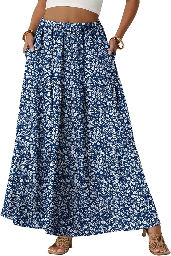 Lepunuo Womens Boho Casual Maxi Skirts Flowy Elastic High Waisted A-Line Long Skirts with Pockets... | Amazon (US)