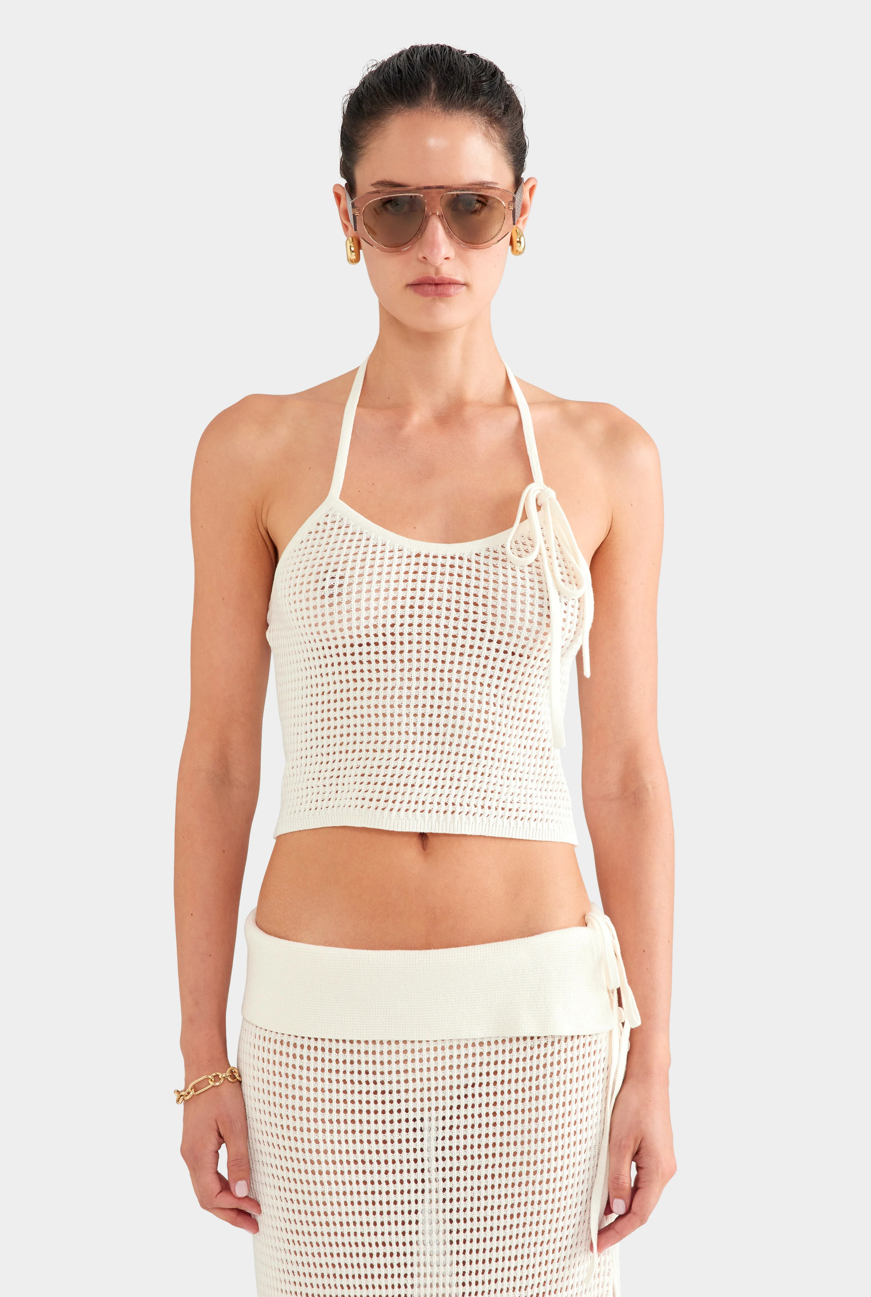 Crochet Cotton Halter Top Off White | Venroy | Venroy AU