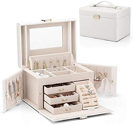 Vlando Faux Leather Jewelry Box Organizer, 6 Colors Available, Vintage Gift Case (White) | Amazon (US)