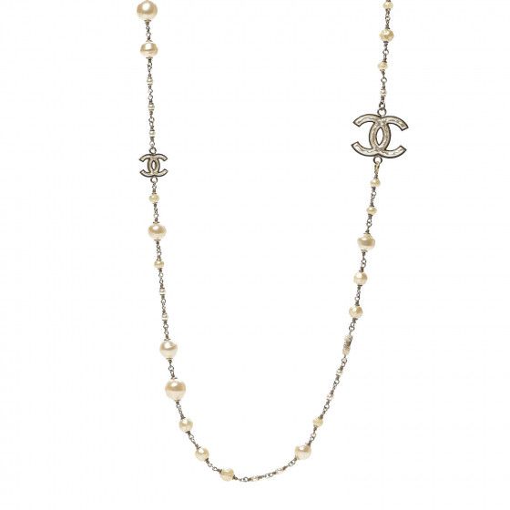 Textured Enamel Beaded Pearl CC Long Necklace Gold | Fashionphile