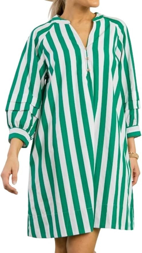 Womens Striped Mini Dress V Neck Casual Summer 3/4 Lantern Sleeves Loose Beach Tunic Shift Dresse... | Amazon (US)