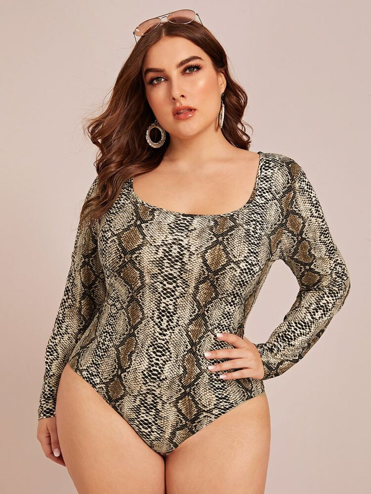 SHEIN Plus Snakeskin Print Bodysuit | SHEIN