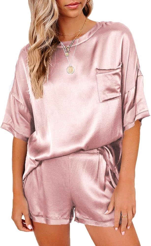 CHYRII Women's Silk Satin Pajamas Two Piece Pj Sets Crewneck Short Sleeve Tops and Shorts Sleepwear | Amazon (US)