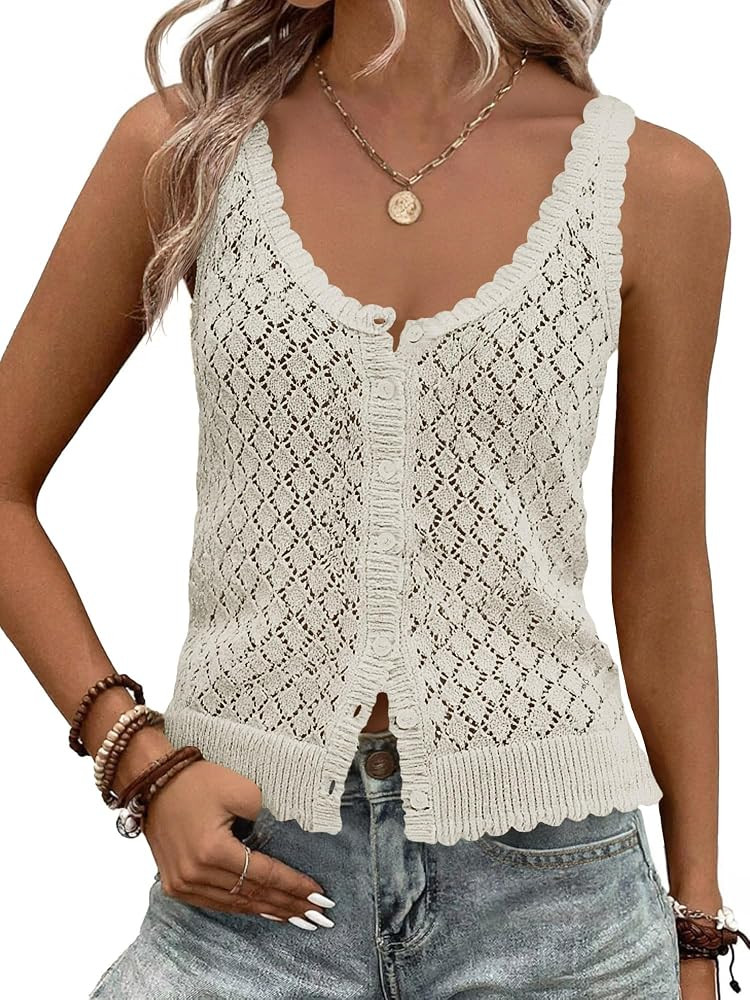 Fisoew Womens Sweater Tank Tops Summer Sleeveless Crochet Cardigan Button Down Boho Knit Going Ou... | Amazon (US)