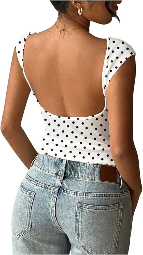 SweatyRocks Women's Sexy Backless Going Out Tops Polka Dots Boat Neck Cap Sleeve Fitted Tee Shirt... | Amazon (US)