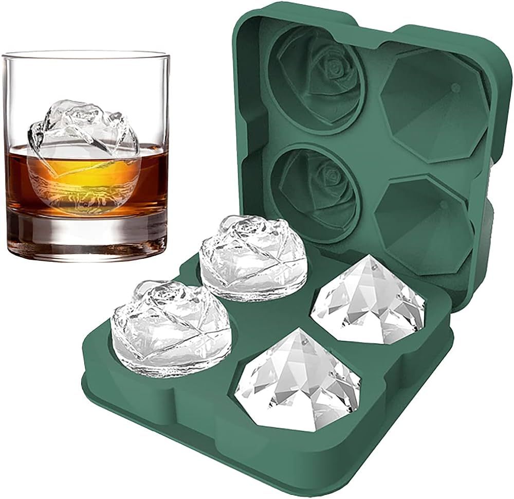 Ice Cube Tray, HANCELANT 2.5inch Ice Cube Molds, 2 Cavity Silicone Rose & 2 Diamond Ice Ball Make... | Amazon (US)